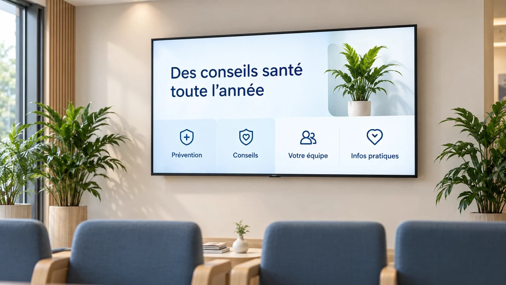 Écran d'affichage dynamique « Des conseils santé toute l'année » dans une salle d'attente