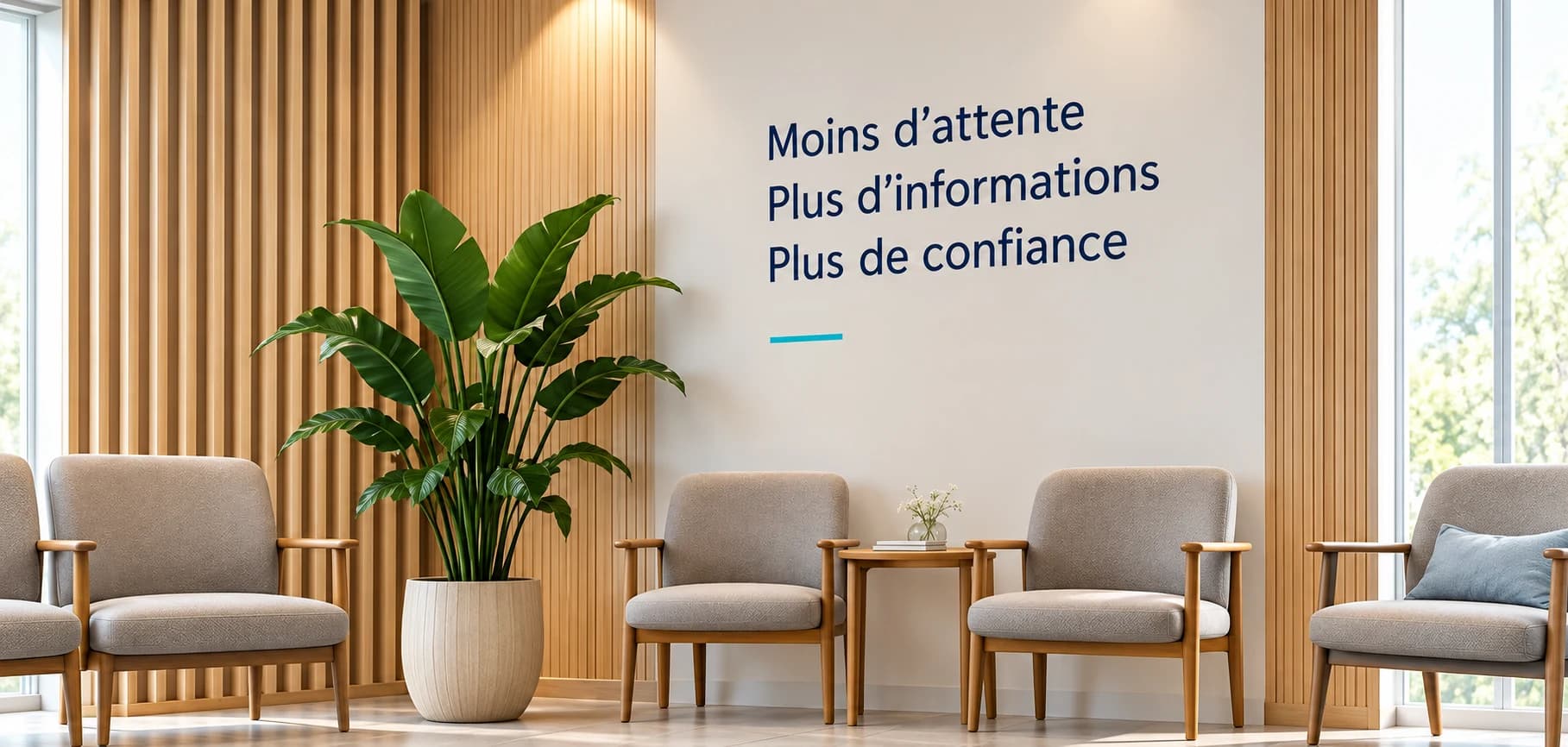 Salle d'attente lumineuse affichant « Moins d'attente, plus d'informations, plus de confiance »