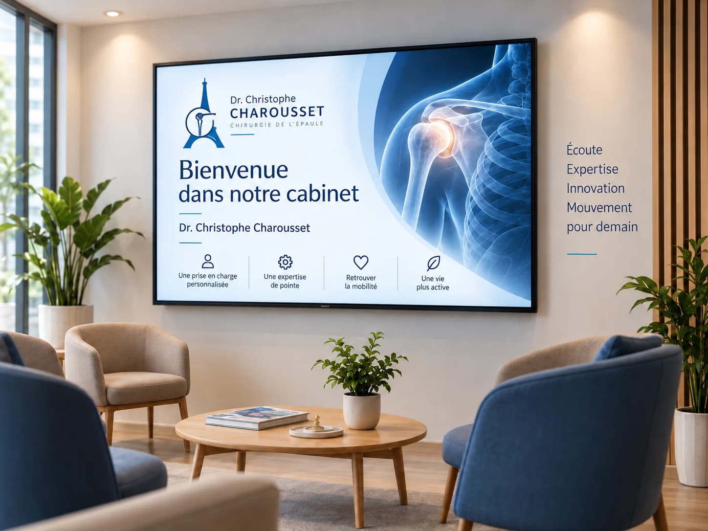 Écran d'affichage dynamique « Bienvenue dans notre cabinet » installé dans la salle d'attente du Dr Christophe Charousset