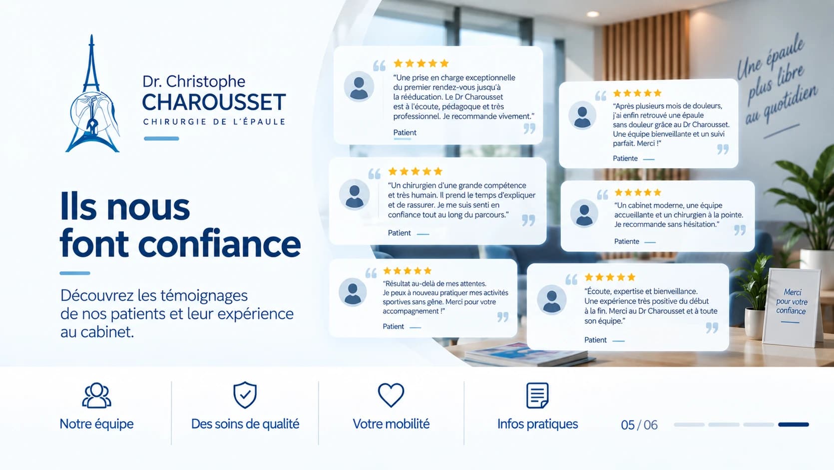 Témoignages de patients affichés sur l'écran du cabinet