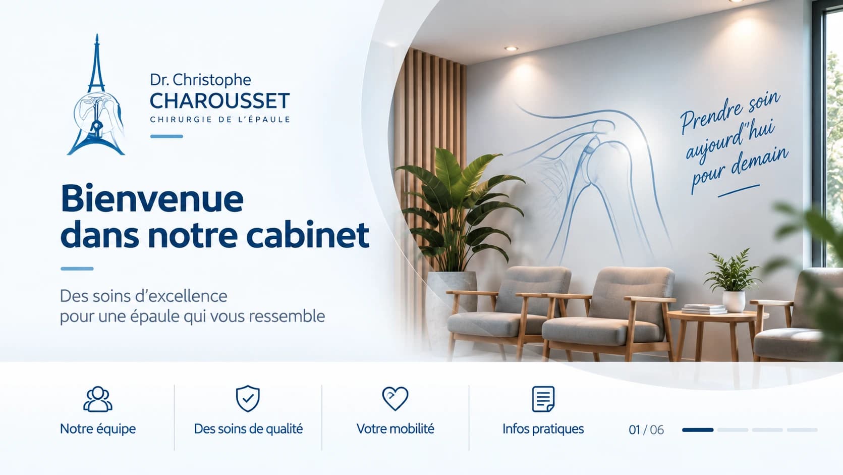Écran d'accueil « Bienvenue dans notre cabinet » du Dr Christophe Charousset