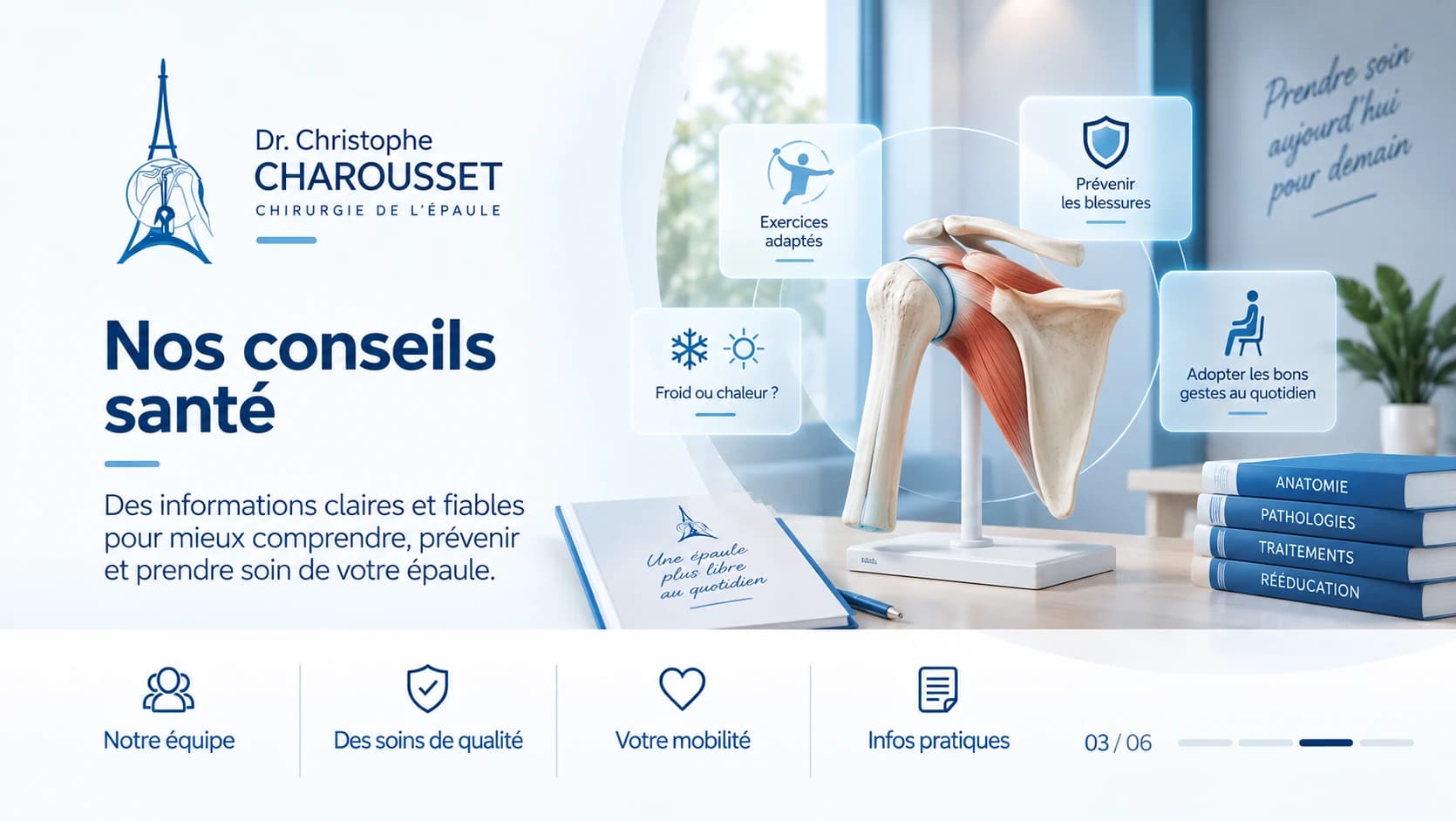 Conseils santé illustrés par un modèle anatomique d'épaule à l'écran