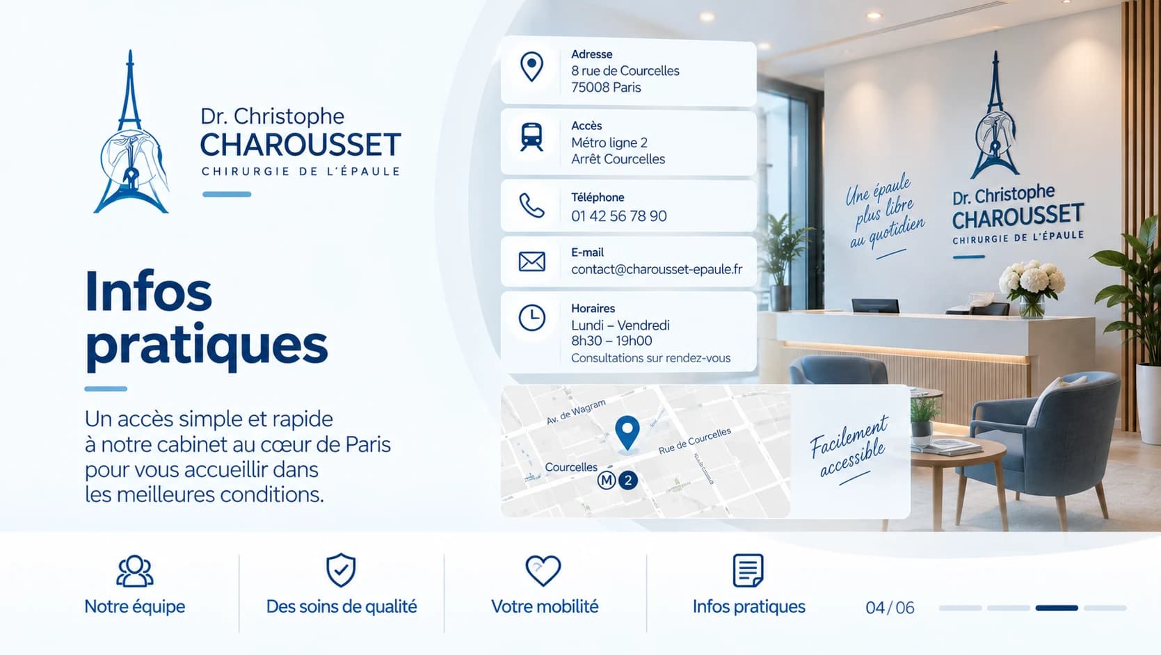 Informations pratiques du cabinet (adresse, accès, horaires) à l'écran