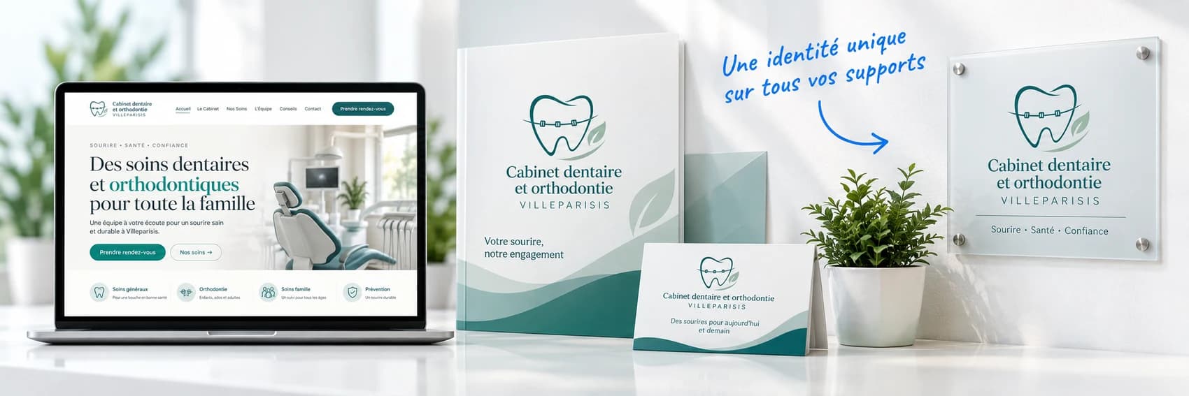 Du digital au physique : le site internet, la brochure, la carte de visite et la plaque du Cabinet dentaire et d'orthodontie Villeparisis partagent la même identité visuelle