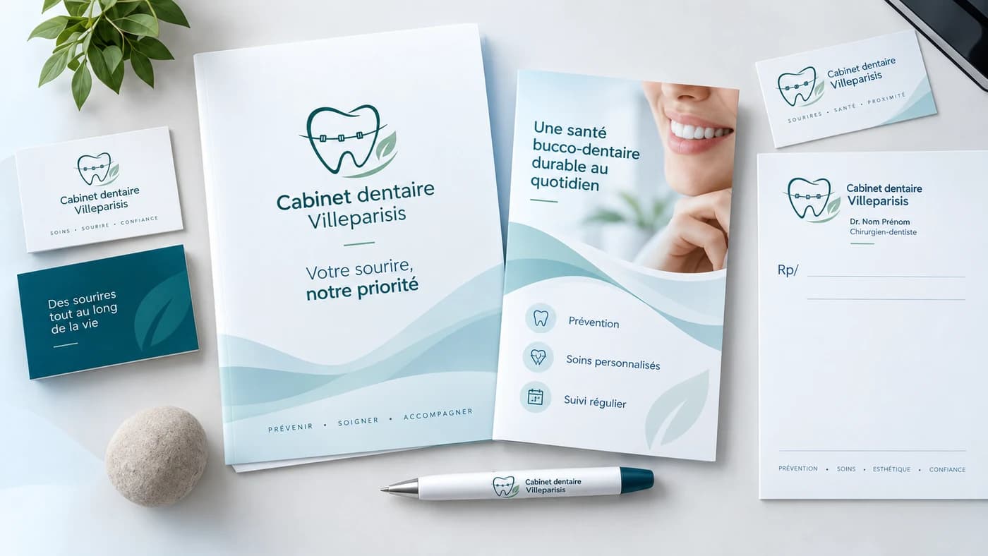 Supports imprimés du Cabinet dentaire Villeparisis : chemise, flyer, cartes de visite, ordonnance et stylo