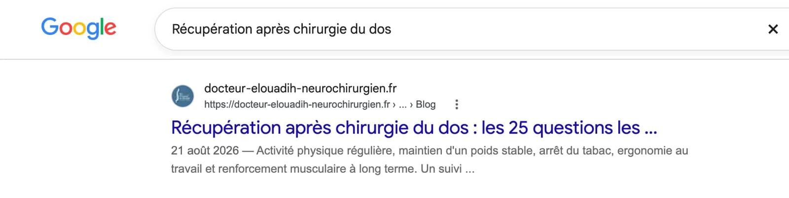 Recherche Google « Récupération après chirurgie du dos » menant à un article du blog du Dr Youssef EL OUADIH