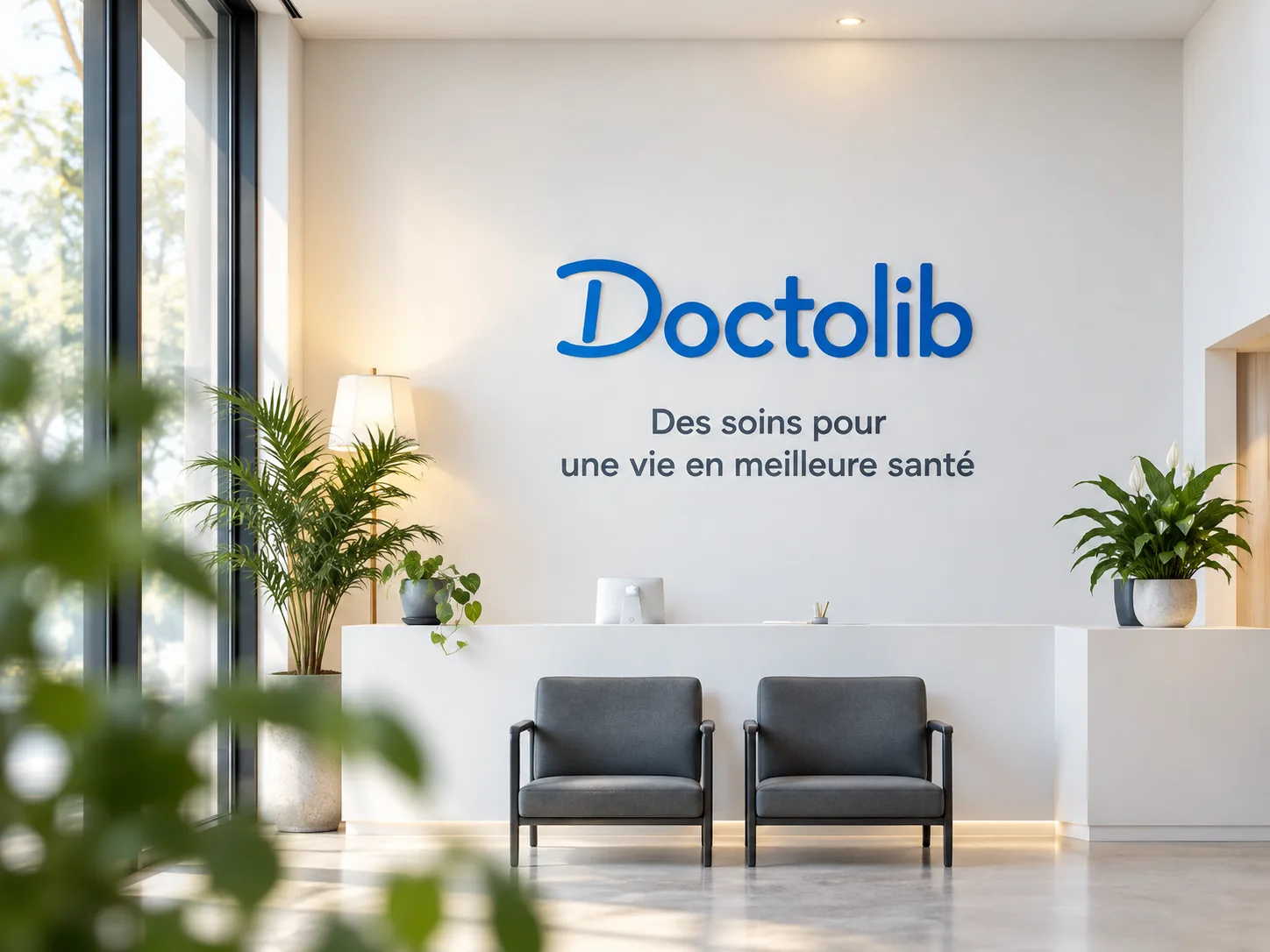 Accueil lumineux d'un cabinet médical avec la signalétique Doctolib