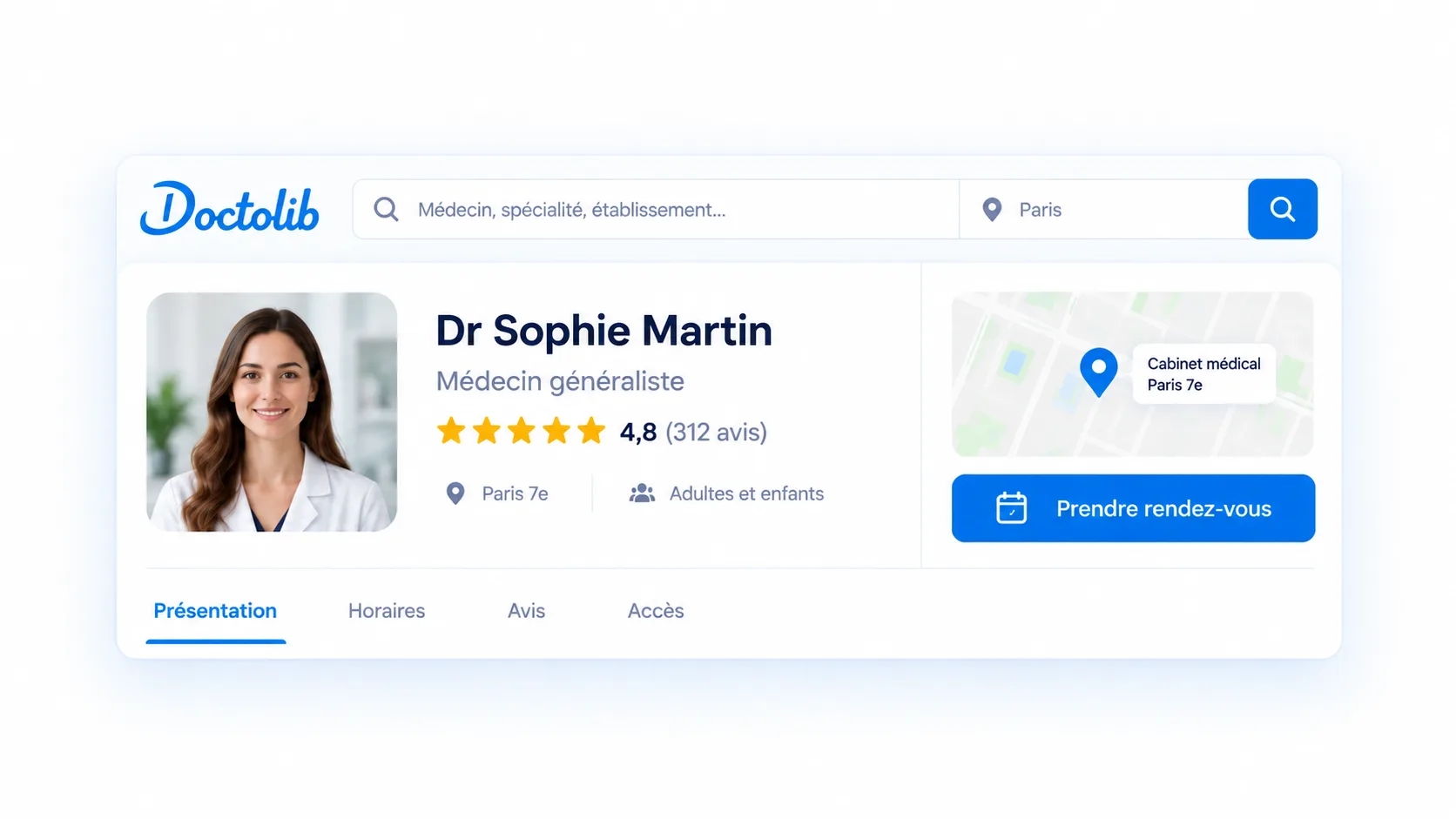 Profil Doctolib d'une praticienne : présentation, note et bouton Prendre rendez-vous