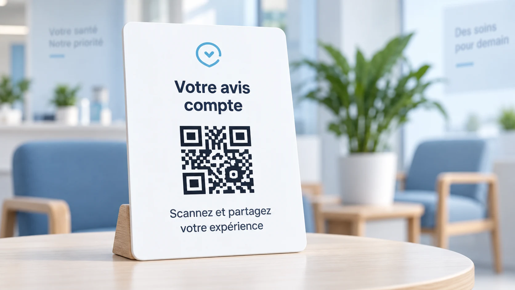 Chevalet avec QR code « Votre avis compte » posé sur une table dans une salle d'attente
