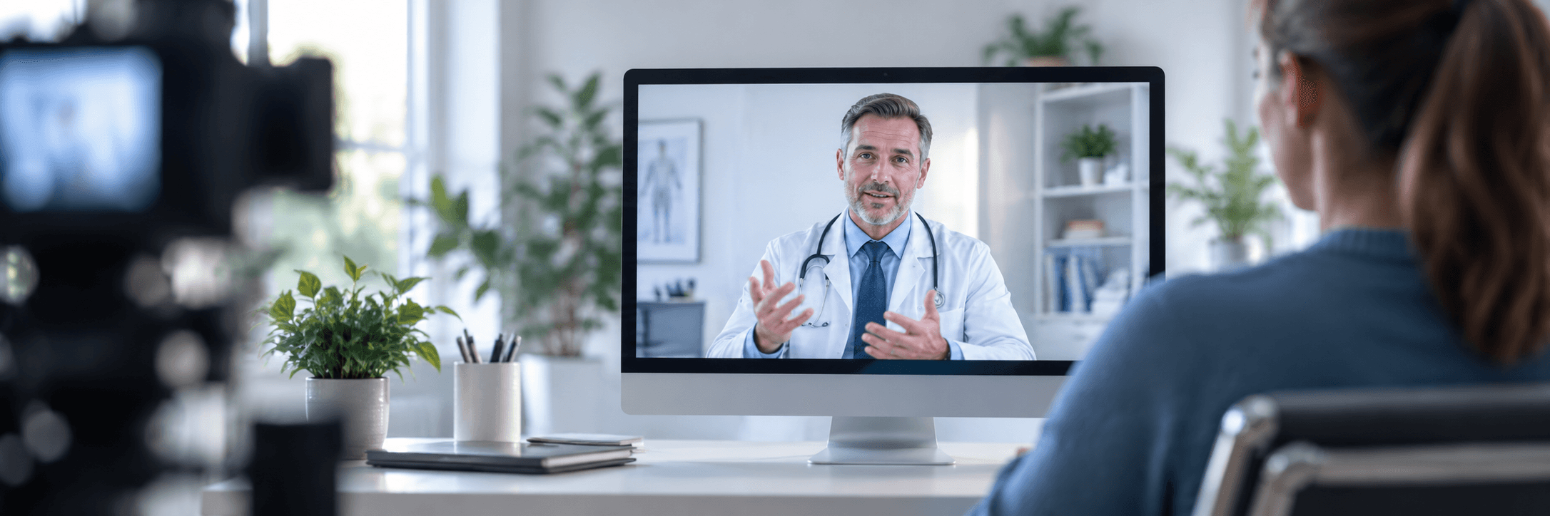 Médecin filmé en consultation vidéo face à une patiente