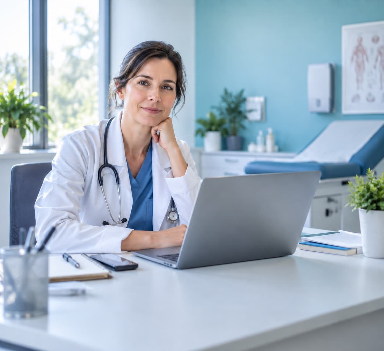 Médecin dans son cabinet, accompagné par MedaPulse pour sa présence en ligne