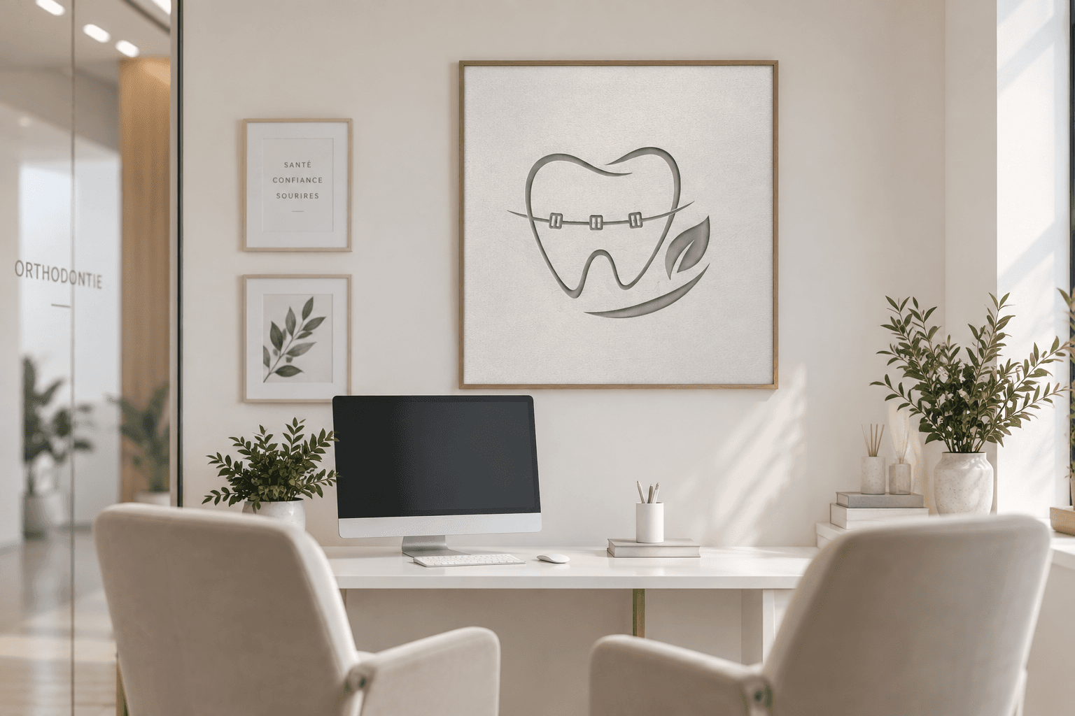 Cabinet dentaire clair de Villeparisis avec le logo encadré au mur