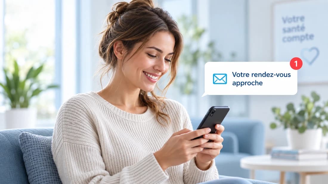Patiente souriante consultant une notification « Votre rendez-vous approche » sur son téléphone