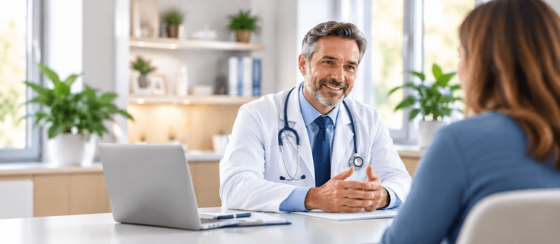 Médecin en consultation échangeant avec une patiente dans son cabinet