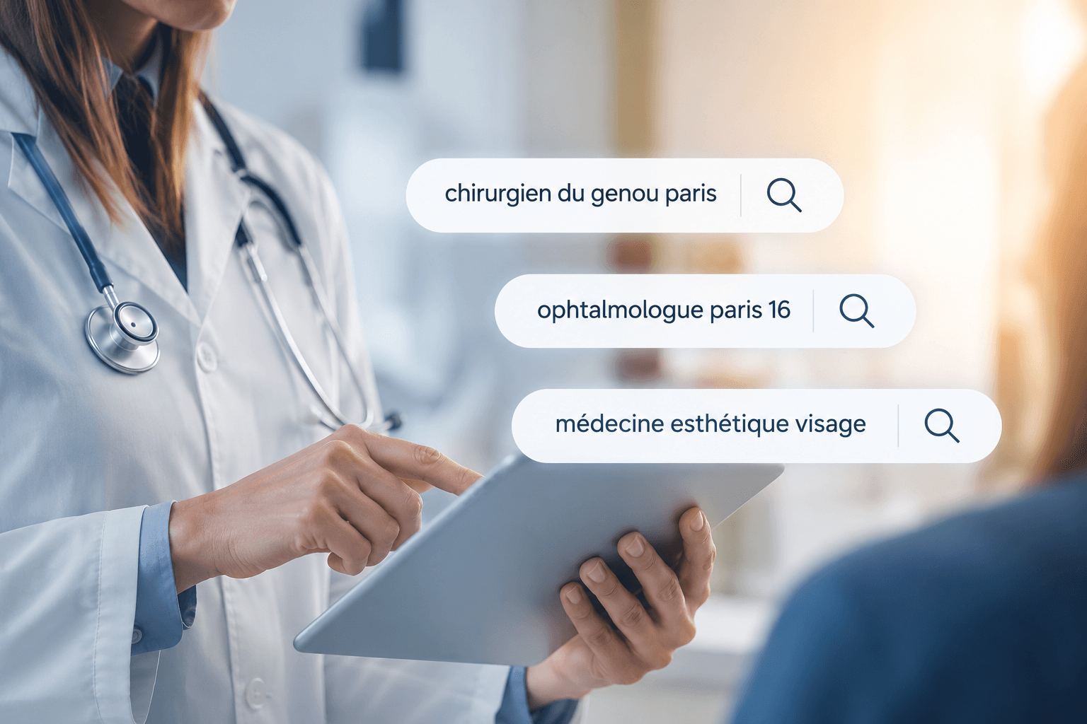 Médecin consultant une tablette, avec des exemples de recherches Google de patients
