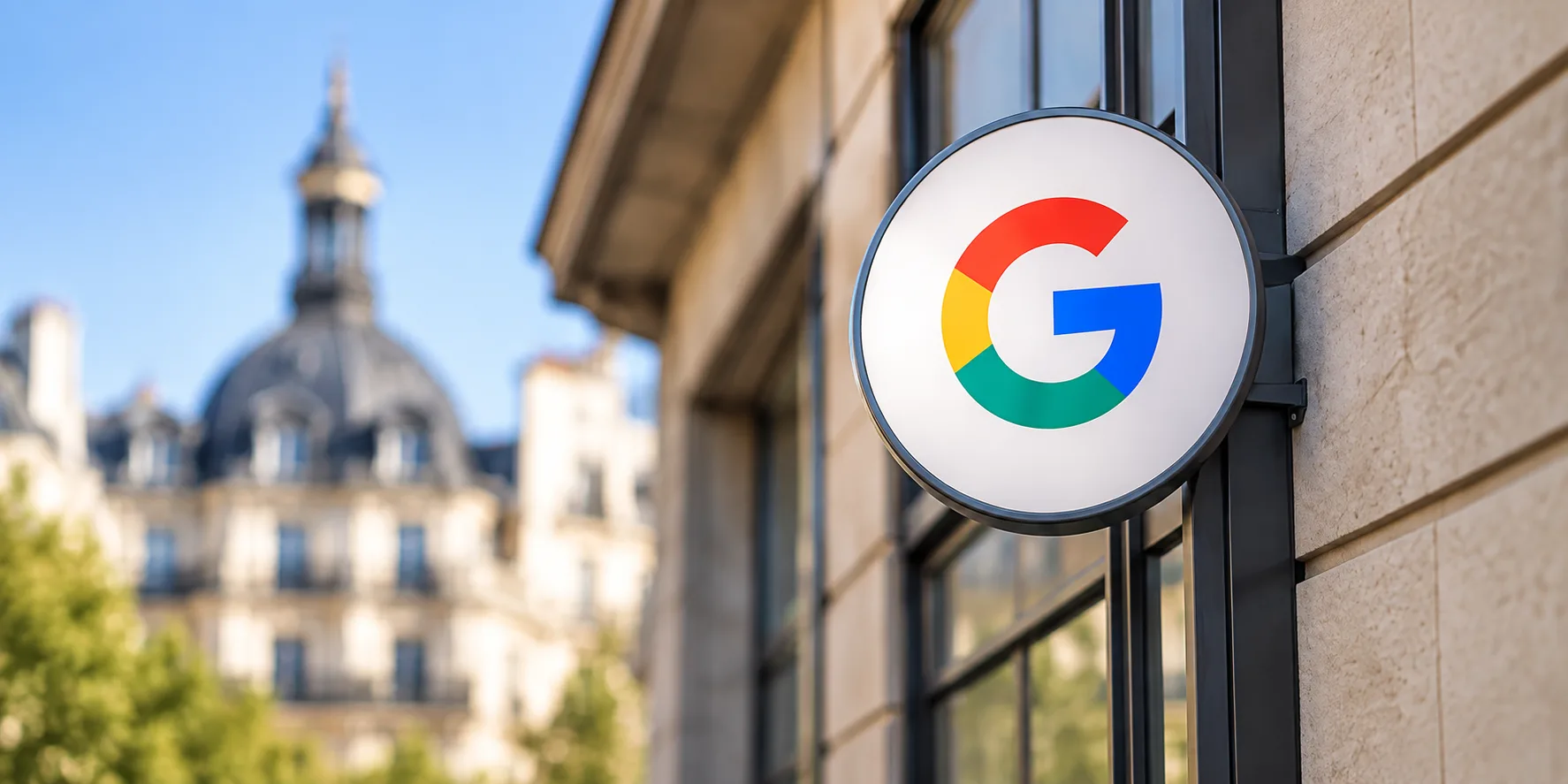 Enseigne lumineuse Google sur la façade d'un immeuble parisien