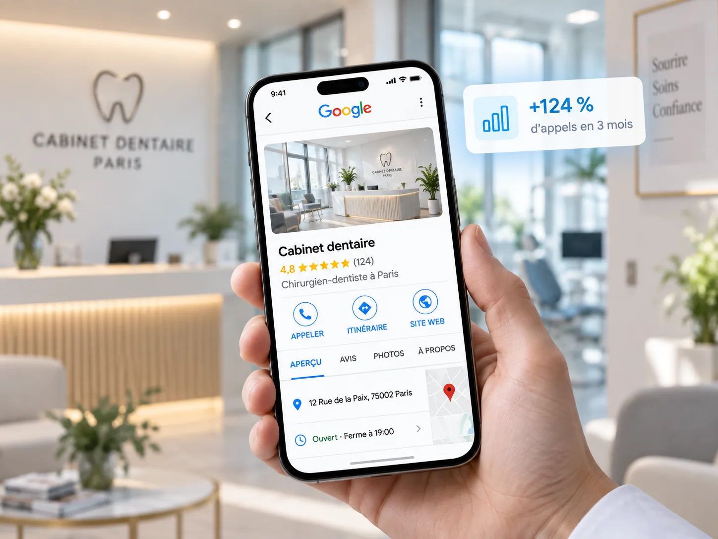 Fiche Google Business d'un cabinet dentaire affichée sur un téléphone — +124 % d'appels en 3 mois