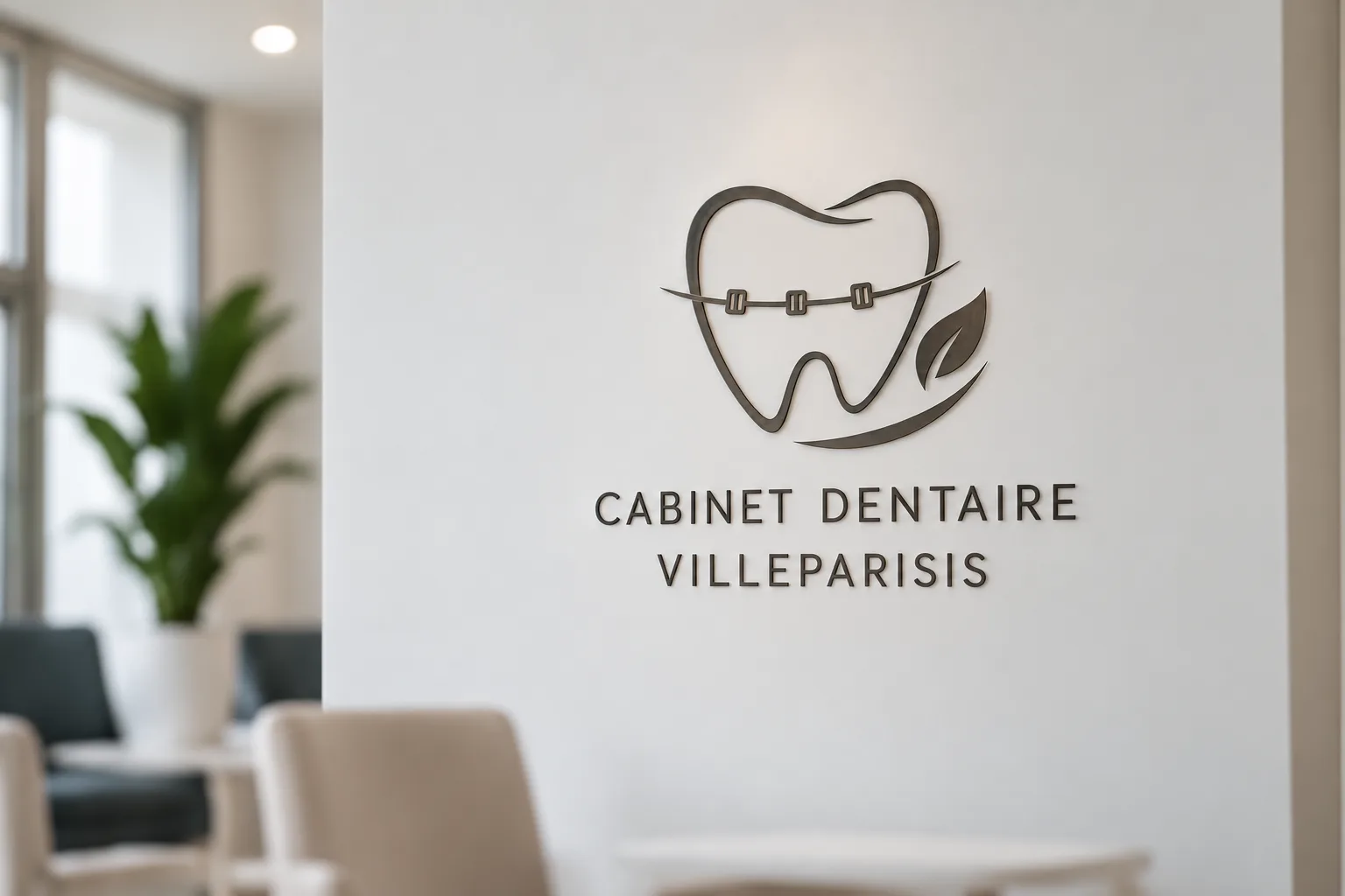 Logo d'un cabinet dentaire affiché dans une salle d'attente lumineuse