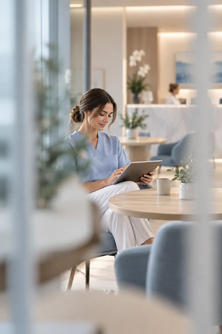 Publication Facebook : praticienne dans un cabinet lumineux
