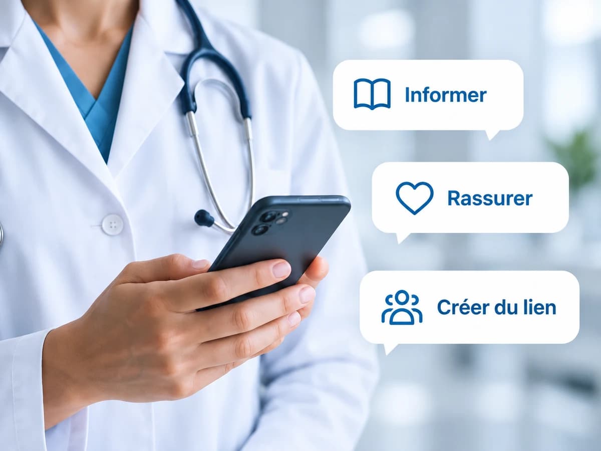 Professionnelle de santé utilisant son smartphone, entourée des messages « Informer », « Rassurer » et « Créer du lien »