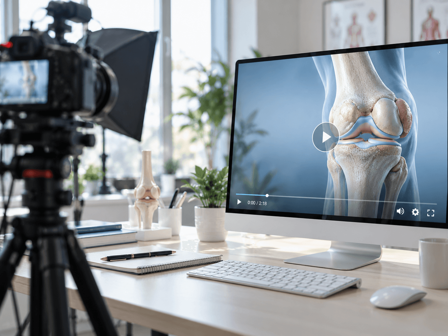 Tournage d'une vidéo médicale : caméra face à un écran affichant une animation 3D du genou
