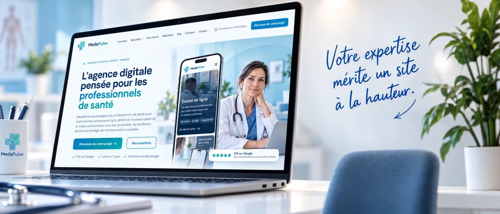 Site internet MedaPulse sur un ordinateur portable — « Votre expertise mérite un site à la hauteur »