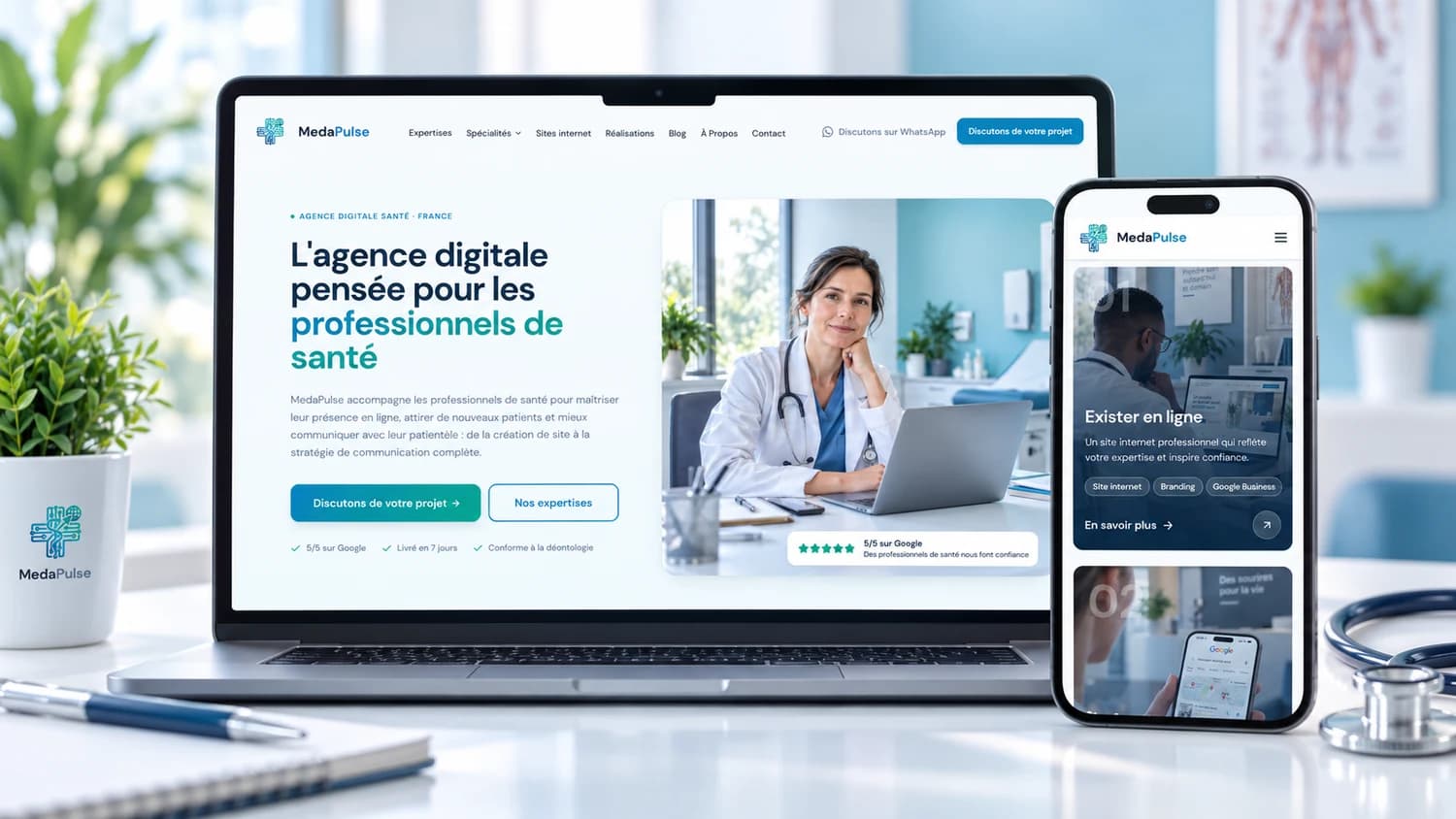 Site internet MedaPulse affiché sur un ordinateur portable et un smartphone