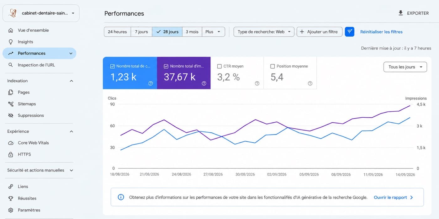 Google Search Console du site cabinet : 1,23 k clics et 37,67 k impressions sur 28 jours