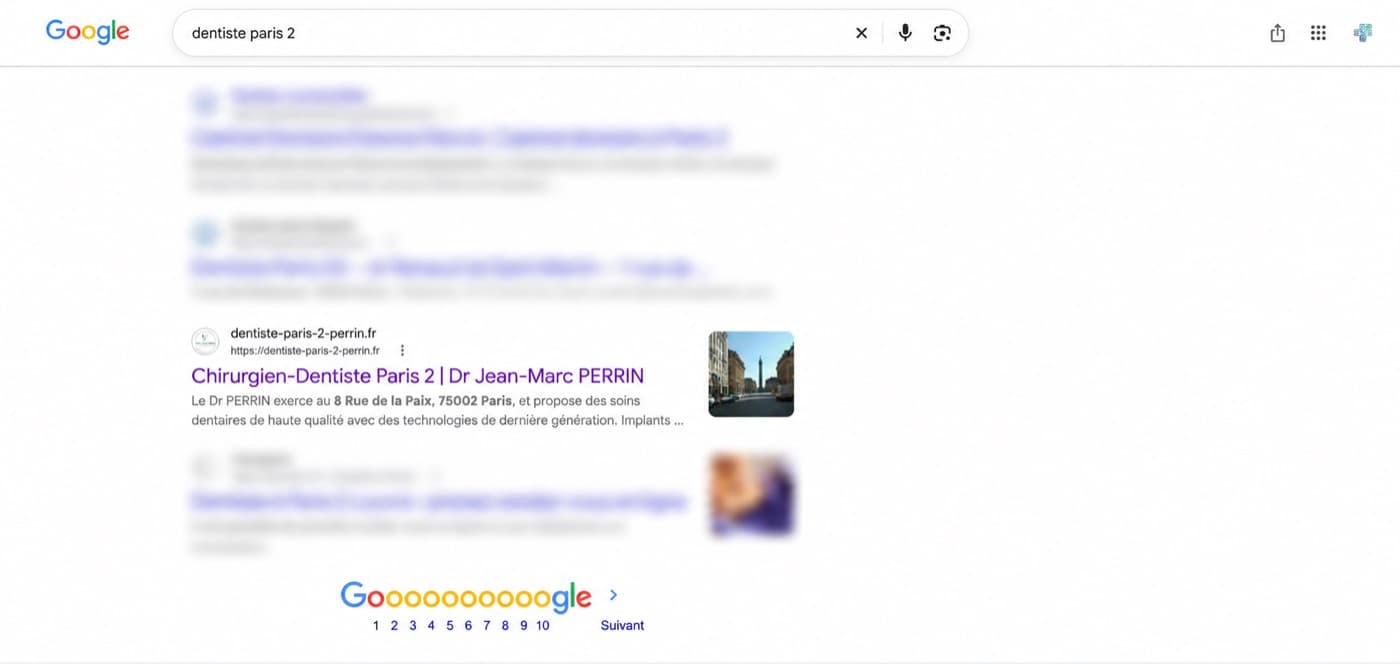 Le site apparaît sur la recherche Google « dentiste Paris 2 »